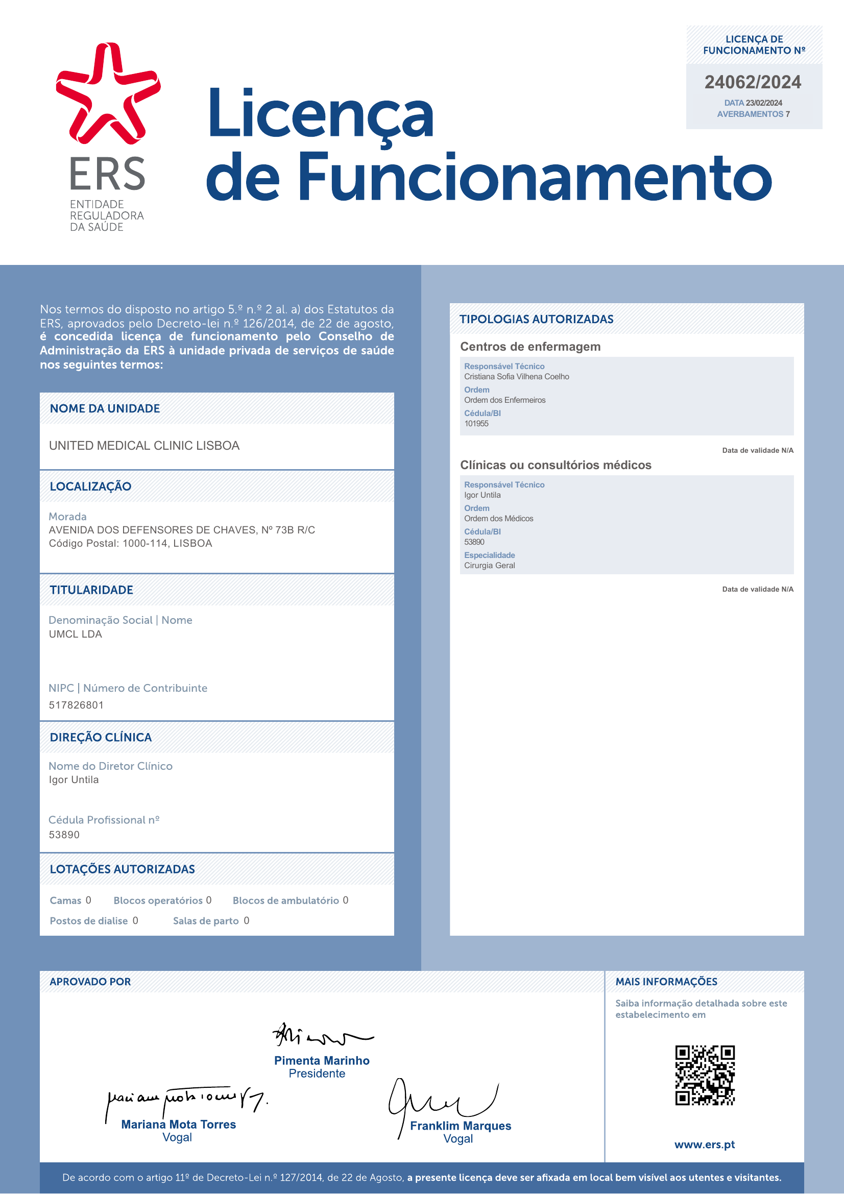 Licença de Funcionamento — United Medical Clinic Lisboa