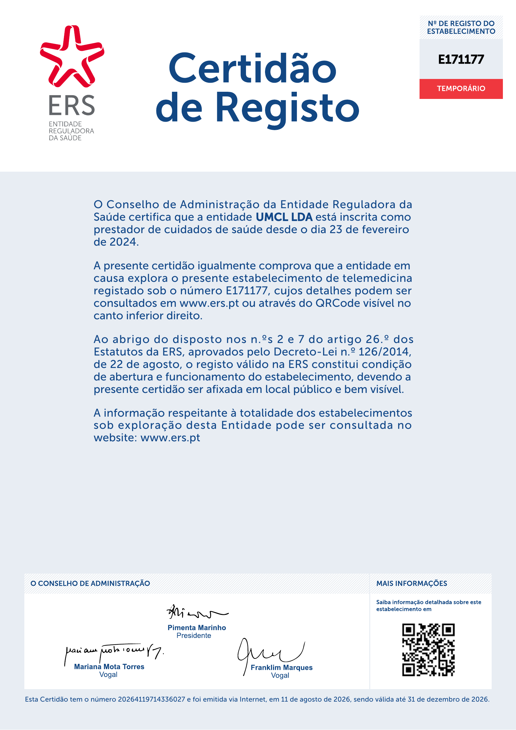 Certidão de Registo E171177 — Telemedicina